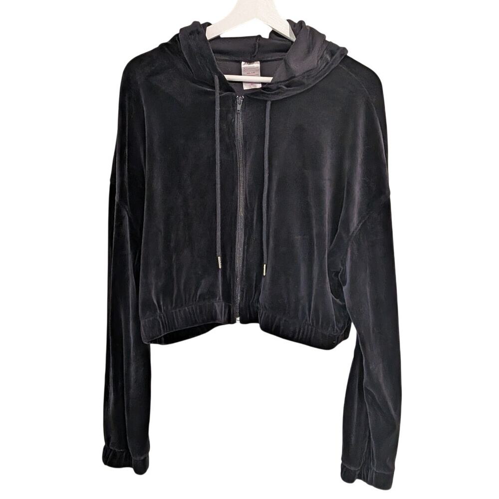 Black Velour Cropped Hoodie XXL Y2K Edgy Streetwear Emo Athleisure